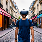 A person wearing a VR headset in their living room, seemingly walking through a bustling street in Paris. The scene should blend the real (living room) and virtual (Paris) environments. Use vibrant colors and dynamic lighting to emphasize the immersive experience.