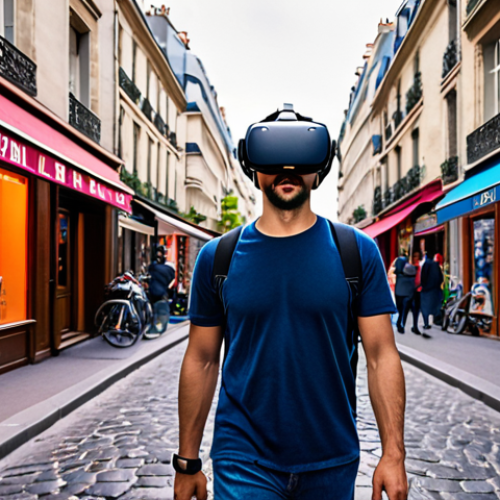 A person wearing a VR headset in their living room, seemingly walking through a bustling street in Paris. The scene should blend the real (living room) and virtual (Paris) environments. Use vibrant colors and dynamic lighting to emphasize the immersive experience.