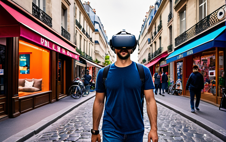 A person wearing a VR headset in their living room, seemingly walking through a bustling street in Paris. The scene should blend the real (living room) and virtual (Paris) environments. Use vibrant colors and dynamic lighting to emphasize the immersive experience.