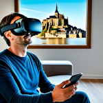 A person in their late 30s, wearing a modern virtual reality headset, fully clothed in comfortable, modest attire, seated comfortably in a bright, contemporary living room. Their expression shows wonder and deep immersion. The virtual scene subtly depicted in the background is the iconic Mont Saint-Michel bathed in soft, natural light. The overall image is a professional photograph, safe for work, appropriate content, capturing a moment of serene virtual exploration. Perfect anatomy, correct proportions, well-formed hands, natural body proportions, high quality.