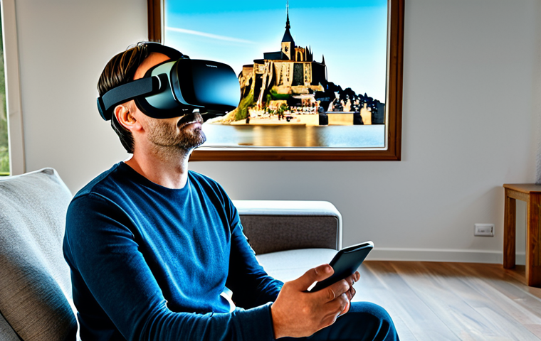 A person in their late 30s, wearing a modern virtual reality headset, fully clothed in comfortable, modest attire, seated comfortably in a bright, contemporary living room. Their expression shows wonder and deep immersion. The virtual scene subtly depicted in the background is the iconic Mont Saint-Michel bathed in soft, natural light. The overall image is a professional photograph, safe for work, appropriate content, capturing a moment of serene virtual exploration. Perfect anatomy, correct proportions, well-formed hands, natural body proportions, high quality.