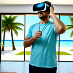 Virtual Reality Travel Experience**

"A person wearing a VR headset, standing in a modern living room, fully clothed, experiencing a virtual tropical beach scene, with palm trees and clear blue water visible in the headset's display.  Sunlight streams through the window. Safe for work. Professional digital art, perfect anatomy, correct proportions, appropriate content, family-friendly, well-formed hands."

**