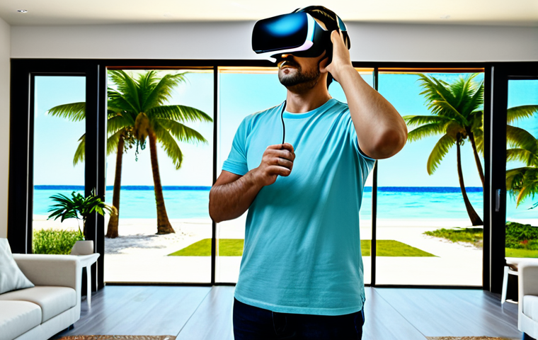 Virtual Reality Travel Experience**

"A person wearing a VR headset, standing in a modern living room, fully clothed, experiencing a virtual tropical beach scene, with palm trees and clear blue water visible in the headset's display.  Sunlight streams through the window. Safe for work. Professional digital art, perfect anatomy, correct proportions, appropriate content, family-friendly, well-formed hands."

**