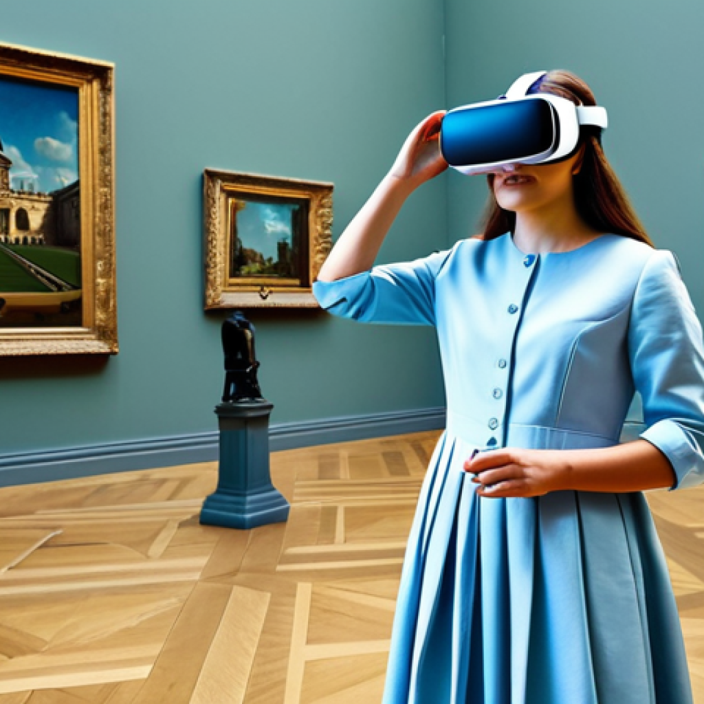 Virtual Louvre Visit**
"A fully clothed woman wearing a modest dress and comfortable shoes, exploring a virtual recreation of the Louvre museum through a VR headset. The scene is vibrant with art and light, showcasing famous paintings and sculptures. Perfect anatomy, correct proportions, natural pose, safe for work, appropriate content, family-friendly, professional."
**