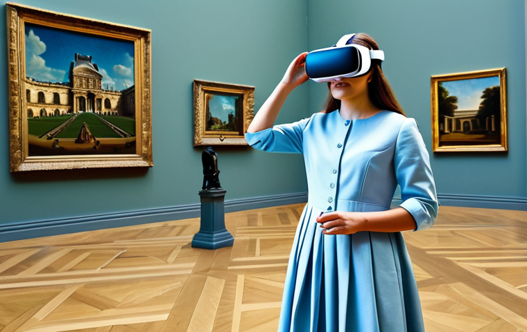 Virtual Louvre Visit**
"A fully clothed woman wearing a modest dress and comfortable shoes, exploring a virtual recreation of the Louvre museum through a VR headset. The scene is vibrant with art and light, showcasing famous paintings and sculptures. Perfect anatomy, correct proportions, natural pose, safe for work, appropriate content, family-friendly, professional."
**