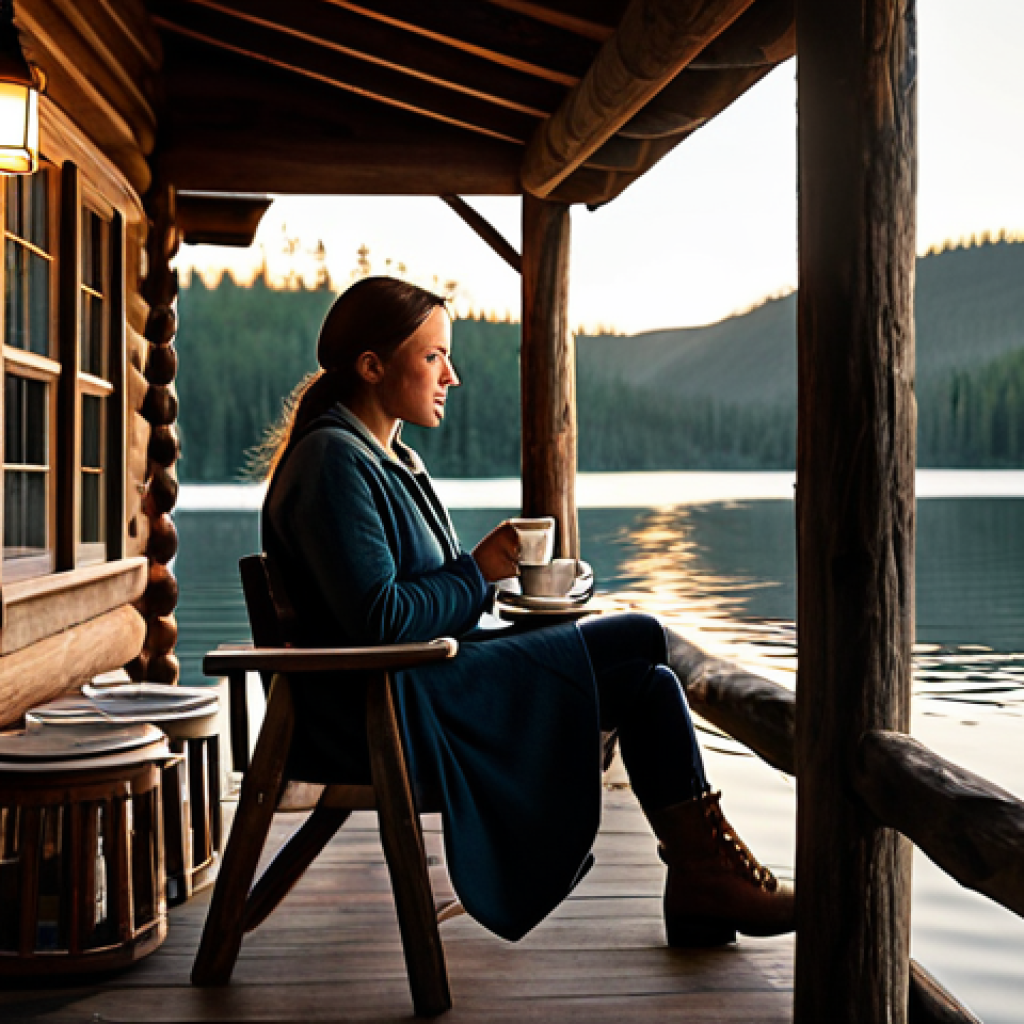 Serene Lakeside Cabin**
"A cozy, fully clothed woman sitting on the porch of a rustic cabin overlooking a calm lake at sunset, sipping tea, appropriate attire, safe for work, perfect anatomy, natural proportions, professional photography, warm lighting, family-friendly."
**