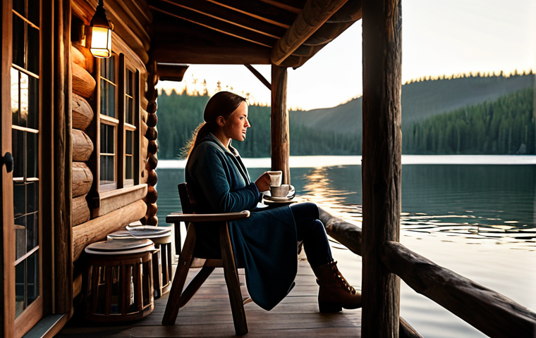 Serene Lakeside Cabin**
"A cozy, fully clothed woman sitting on the porch of a rustic cabin overlooking a calm lake at sunset, sipping tea, appropriate attire, safe for work, perfect anatomy, natural proportions, professional photography, warm lighting, family-friendly."
**