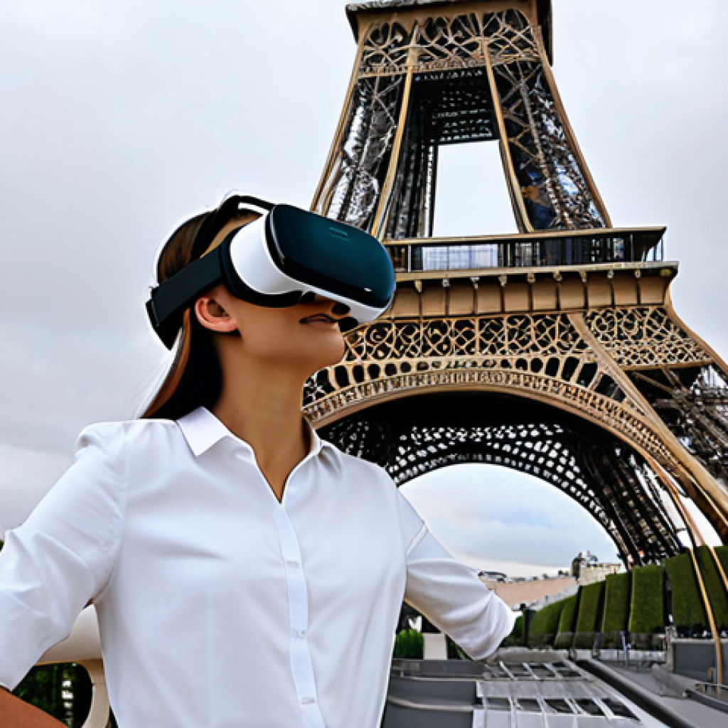 Virtual Tour of the Eiffel Tower**
A fully clothed woman wearing a VR headset, standing in her modern living room, experiencing a virtual tour of the Eiffel Tower, the VR display showing the intricate details of the tower's structure, safe for work, appropriate content, professional, perfect anatomy, correct proportions, well-formed hands, modest clothing, natural pose, high quality render.
**