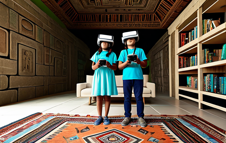 가상현실 여행의 장기적인 전망 - Virtual Tour of Mayan Ruins**
"A family of four wearing VR headsets in their living room, experienc...