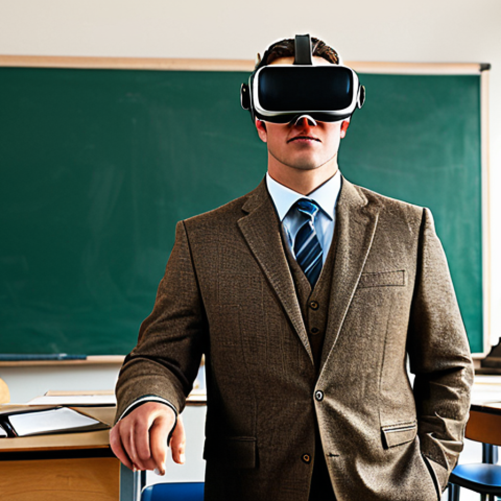 가상현실 여행의 다양한 활용 분야 - **Prompt:** A professional history teacher, fully clothed in a modest tweed suit, using VR goggles t...