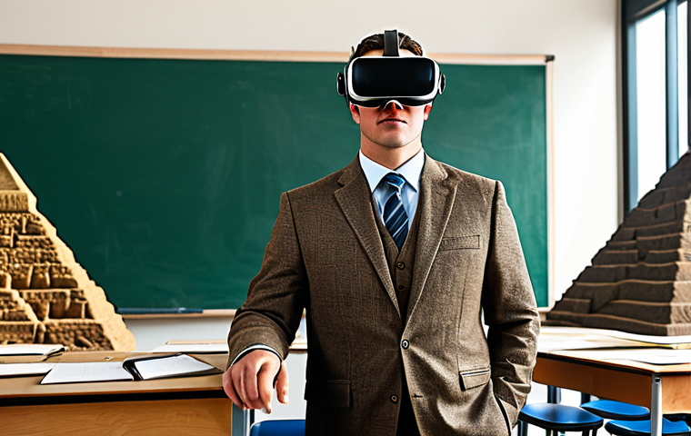 가상현실 여행의 다양한 활용 분야 - **Prompt:** A professional history teacher, fully clothed in a modest tweed suit, using VR goggles t...