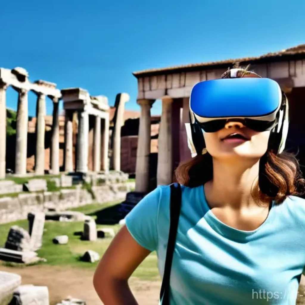 가상현실 여행의 커뮤니티 참여 사례 - **Prompt 1: Virtual Cultural Exploration**
"A young woman, around 25-30 years old, with a joyful...
