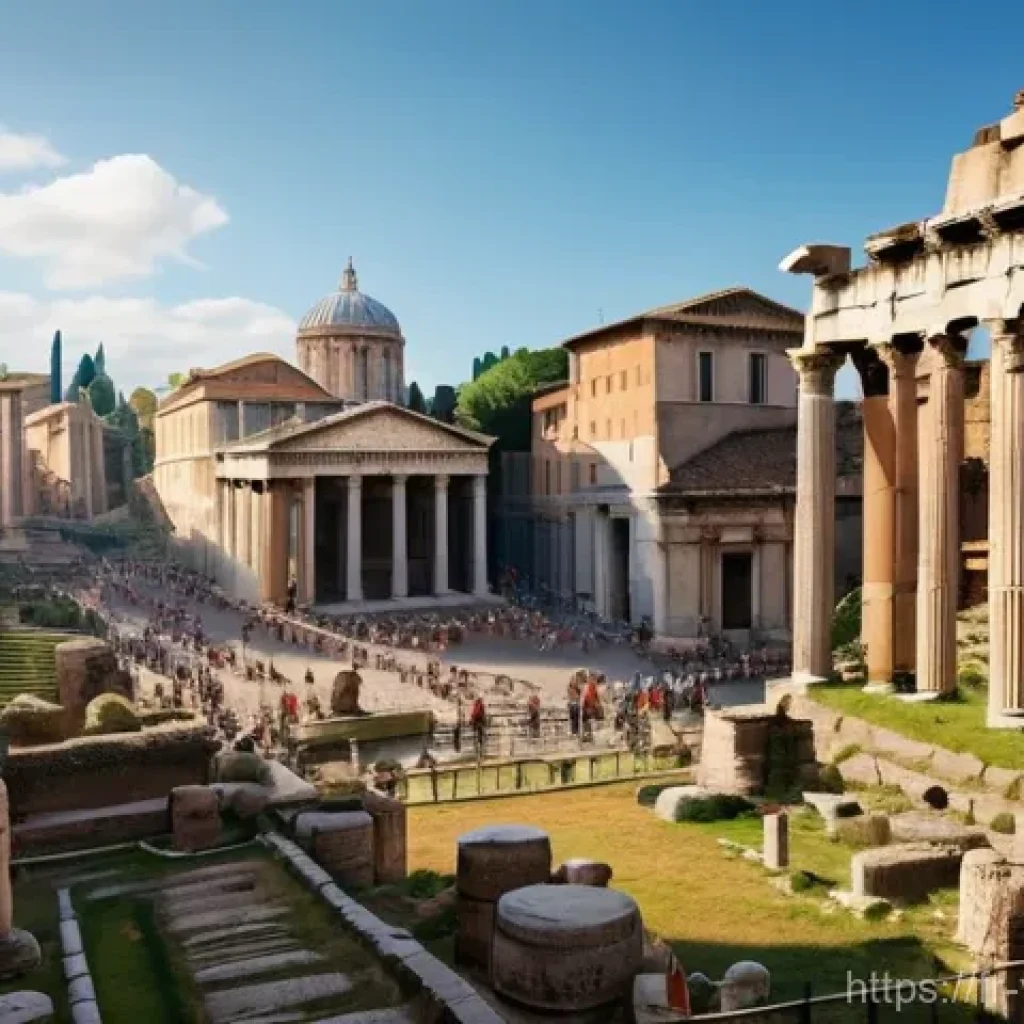 가상현실 여행을 통해 배우는 역사 - A bustling scene in the Roman Forum, bathed in warm afternoon sunlight. Ancient Roman citizens, dres...