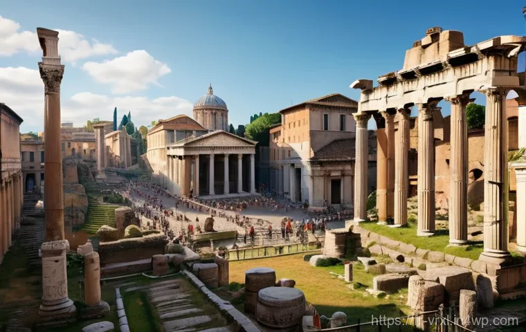 가상현실 여행을 통해 배우는 역사 - A bustling scene in the Roman Forum, bathed in warm afternoon sunlight. Ancient Roman citizens, dres...