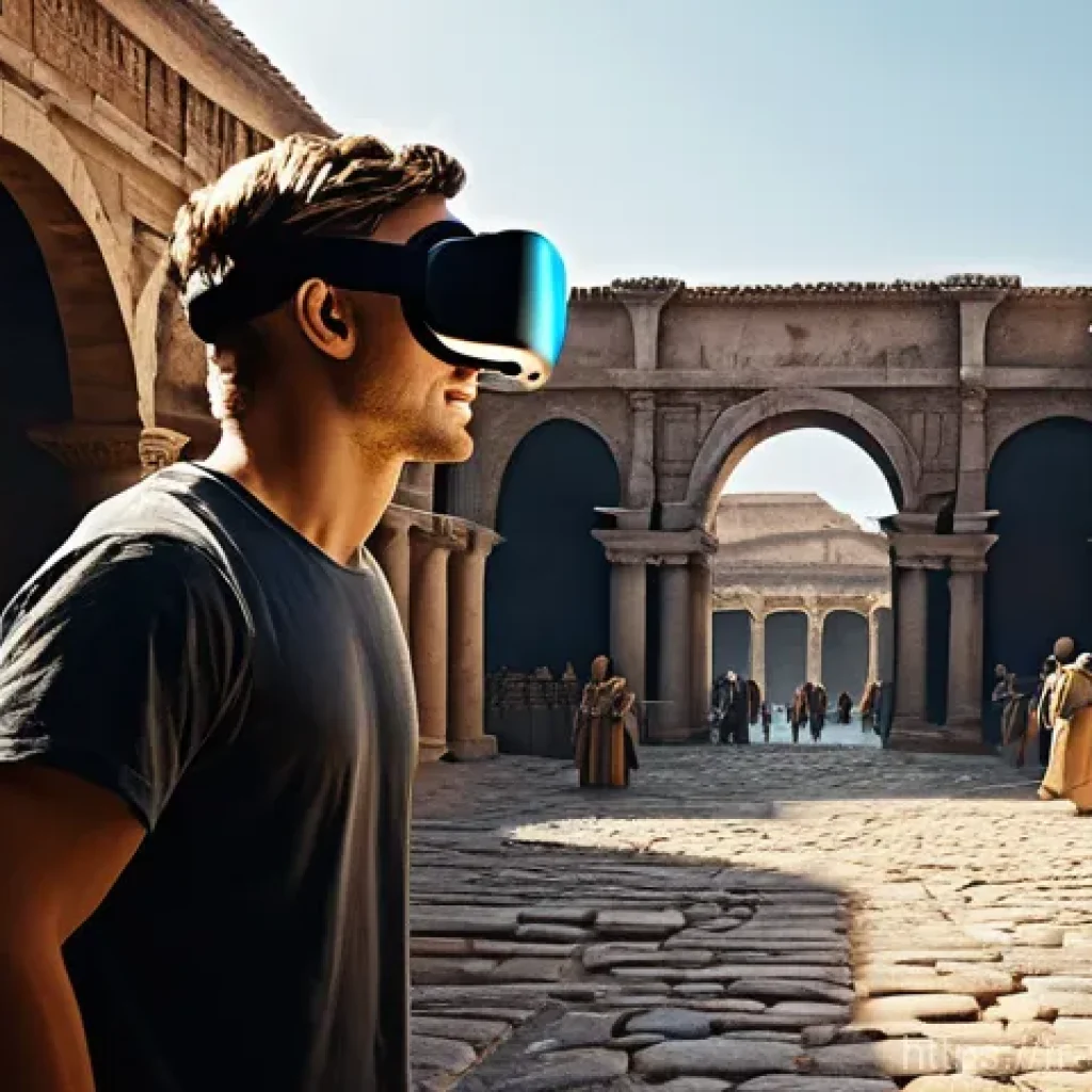 가상현실 여행의 시뮬레이션 기술 - **Prompt:** A young adult, wearing a sleek, futuristic virtual reality headset, is standing in a bea...