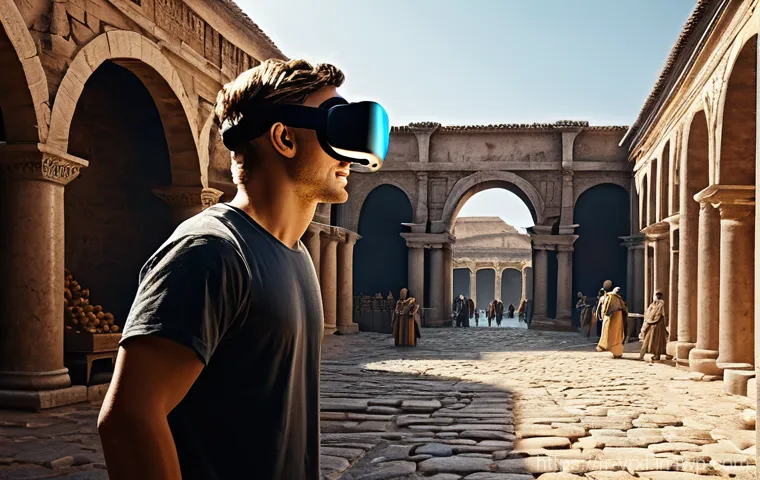 가상현실 여행의 시뮬레이션 기술 - **Prompt:** A young adult, wearing a sleek, futuristic virtual reality headset, is standing in a bea...
