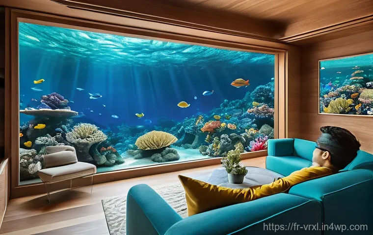 가상현실 여행의 글로벌 협력 - **Prompt 1: Immersive Virtual Reef Exploration**
    "A person, comfortably seated on a modern minim...