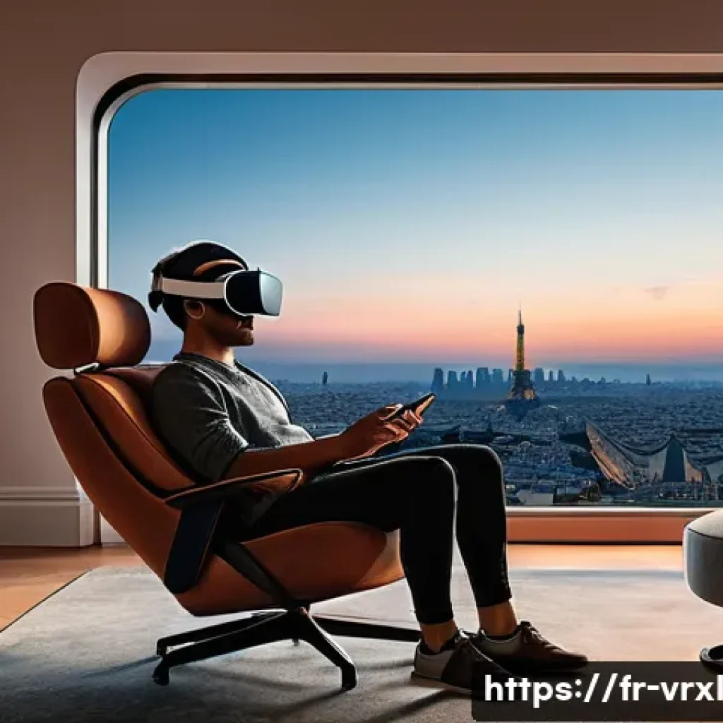 가상현실 여행으로 가는 법 - A cozy modern living room setup showcasing a user wearing an Oculus Quest 2 VR headset, comfortably ...