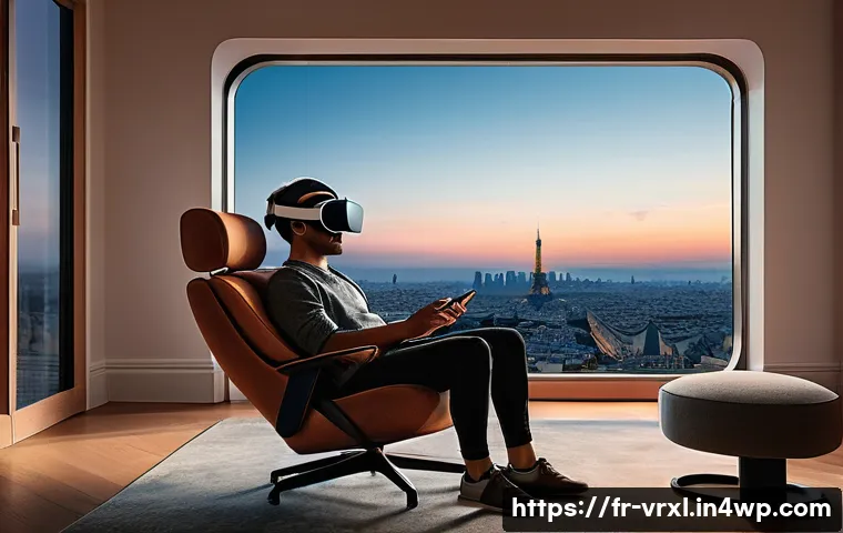 가상현실 여행으로 가는 법 - A cozy modern living room setup showcasing a user wearing an Oculus Quest 2 VR headset, comfortably ...