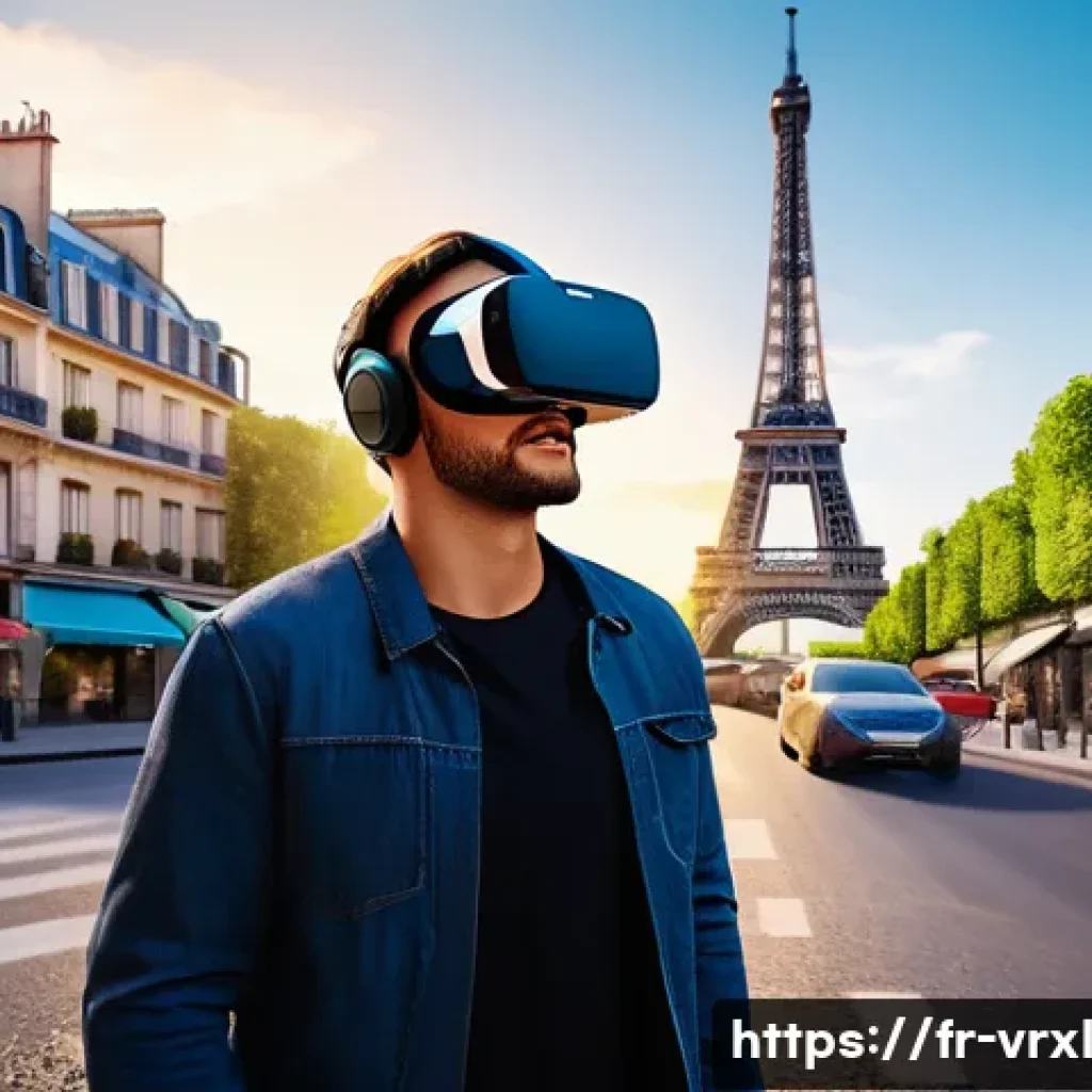 가상현실 여행 플랫폼 비교 - A high-tech virtual reality traveler wearing comfortable casual clothing and a VR headset exploring ...
