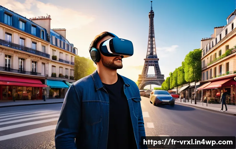가상현실 여행 플랫폼 비교 - A high-tech virtual reality traveler wearing comfortable casual clothing and a VR headset exploring ...
