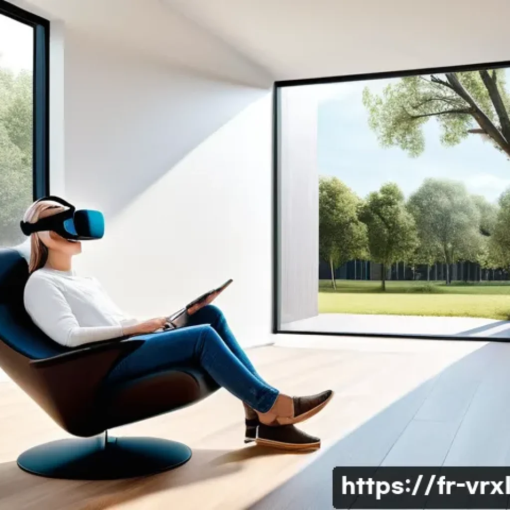 가상현실 여행 시 주의사항 - A modern living room with soft indirect lighting, featuring a person wearing a VR headset with adjus...