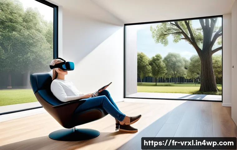 가상현실 여행 시 주의사항 - A modern living room with soft indirect lighting, featuring a person wearing a VR headset with adjus...