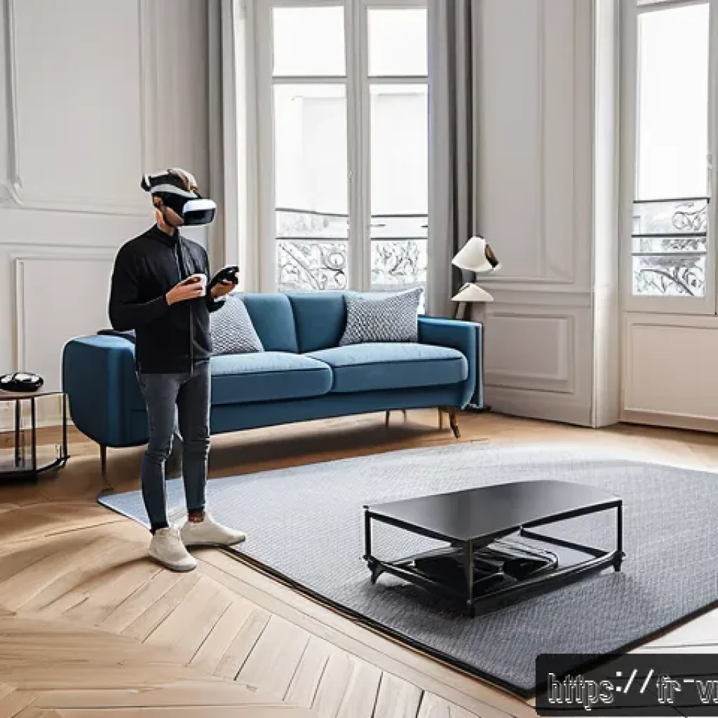 가상현실 여행과 사용자 참여 전문가 팁 - A modern living room setup for virtual reality gaming in a Parisian apartment, featuring a user wear...