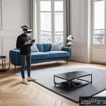 Home 22 가상현실 여행과 사용자 참여 전문가 팁 - A modern living room setup for virtual reality gaming in a Parisian apartment, featuring a user wear...