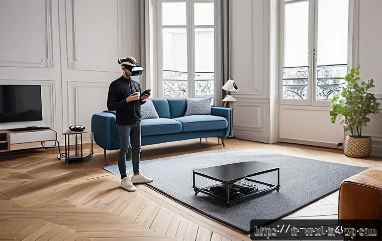 가상현실 여행과 사용자 참여 전문가 팁 - A modern living room setup for virtual reality gaming in a Parisian apartment, featuring a user wear...