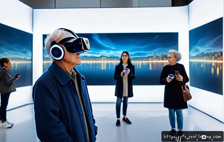 가상현실 여행의 인터랙티브 요소 - A detailed futuristic virtual reality museum scene in Paris, showcasing a diverse group of adults an...