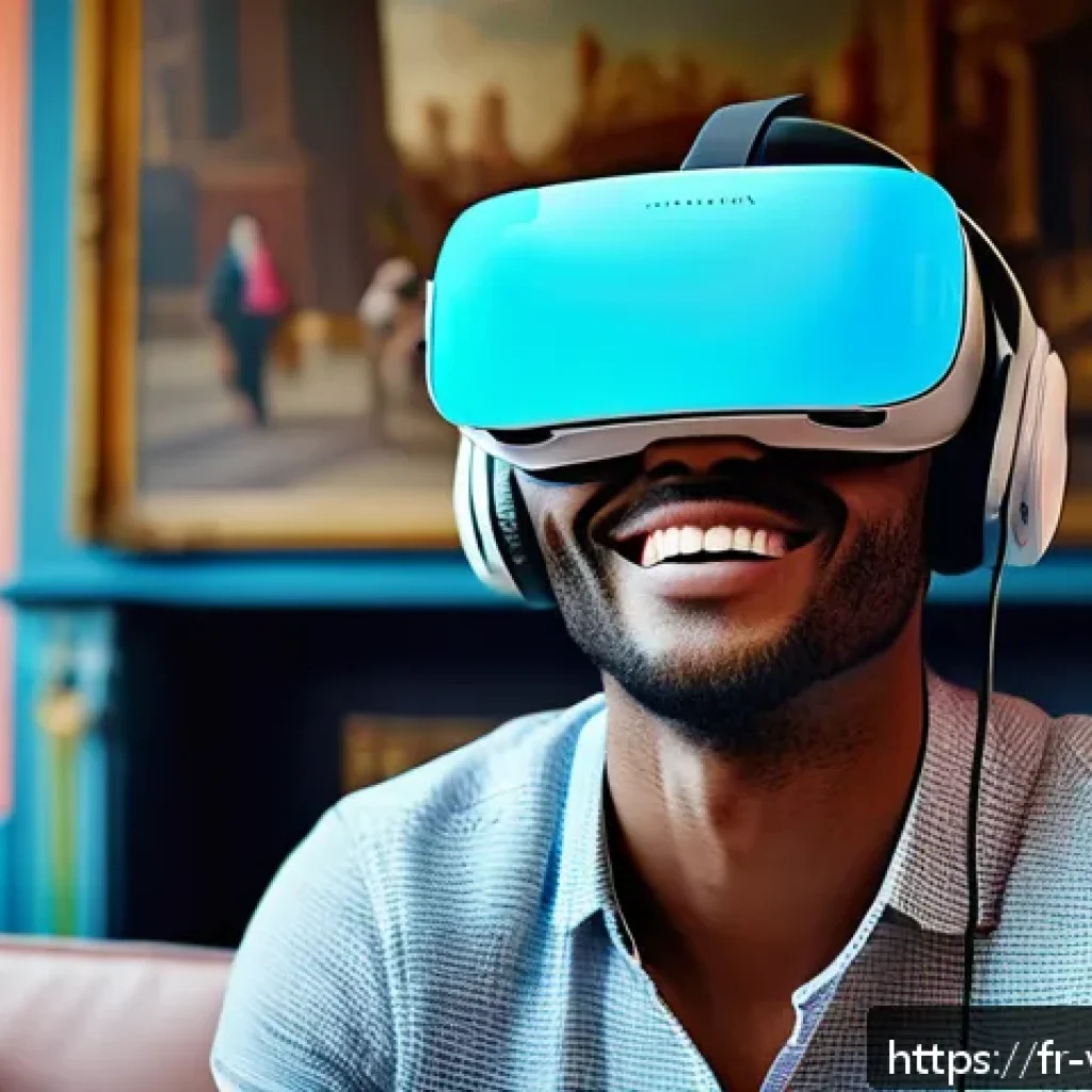 가상현실 여행의 대중화 원동력 - A modern, light and comfortable VR headset user exploring a virtual French château in high definitio...