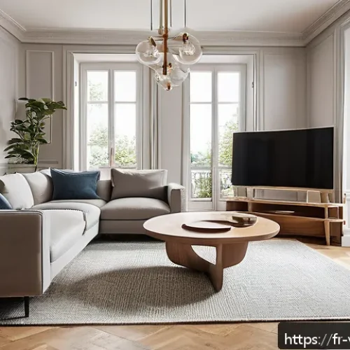 Home 31 가상현실 여행의 비용 분석 - A modern French living room setup showcasing a mid-range wireless VR headset similar to Oculus Quest...