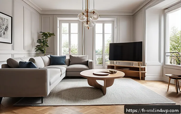 가상현실 여행의 비용 분석 - A modern French living room setup showcasing a mid-range wireless VR headset similar to Oculus Quest...