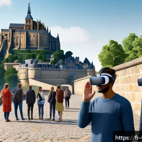 Home 30 가상현실 여행의 사회적 책임 - A diverse group of people wearing VR headsets exploring a vibrant, culturally rich virtual environme...