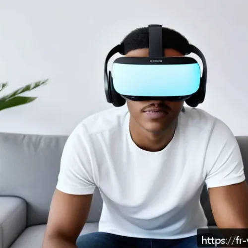 Home 17 가상현실 여행에서의 안전 수칙 - A modern, sleek virtual reality headset with a high-resolution OLED display, glowing softly with viv...