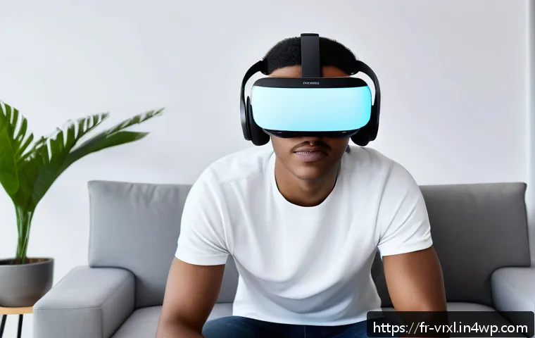 가상현실 여행에서의 안전 수칙 - A modern, sleek virtual reality headset with a high-resolution OLED display, glowing softly with viv...