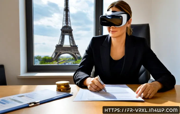 가상현실 여행의 법적 이슈 - Photorealistic French legal consultation about virtual reality travel, a middle-aged woman wearing a...