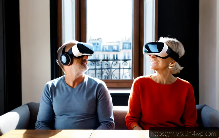 가상현실 여행의 변화하는 관점 - Photorealistic French couple in their 60s wearing comfortable modern virtual reality headsets in a s...